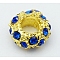 Alloy Rhinestone European Beads, Large Hole Beads, Rondelle, Golden Metal Color, Sapphire, 11x5.5mm, Hole: 5mm