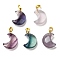 Natural Fluorite Pendants, with Brass Finding, Moon, Golden, 20x15x8mm, Hole: 3.5x6mm