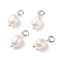 Grade B Natural Cultured Freshwater Pearl Charms, with 304 Stainless Steel Jump Rings, Polished Rice, Platinum, 13.5~15x7~7.5x5~6mm, Hole: 3.6mm