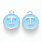 Platinum Plated Alloy Enamel Charms, Cadmium Free & Lead Free, Enamelled Sequins, Flat Round with Letter, Sky Blue, Letter.T, 14x12x2mm, Hole: 1.5mm