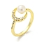 Crescent Moon Brass Micro Pave Cubic Zirconia Open Cuff Rings, with Natural Pearl, Real 14K Gold Plated, US Size 7 3/4(17.9mm)