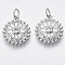 Brass Micro Pave Cubic Zirconia Pendants, Nickel Free, Flat Round with Eye, Clear, Real Platinum Plated, 17x14.5x3mm, Hole: 4mm