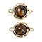 Brass Pave Natural Tiger Eye Flat Round Links Connector Charms, Real 18K Gold Plated, 18x13x5.5mm, Hole: 1.6mm