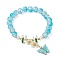 Glass Round Beaded Stretch Bracelet, Alloy Acrylic Butterfly & Glass Flower Charms Bracelet, Light Sky Blue, Inner Diameter: 2-1/8 inch(5.4cm)
