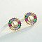 Brass Colorful Cubic Zirconia Stud Earrings, Flat Round, Golden, Letter L, 16x16mm