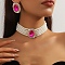 Oval Brass & Glass & Plastic Pearl Beaded Chain Collar & Stud Earrings Sets, Fuchsia, 280mm