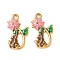 304 Stainless Steel Enamel Pendants, Cat & Flower Charms, Ion Plating(IP), Golden, Pink, 20x11x2.5mm, Hole: 1.6mm