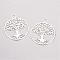 Brass Filigree Pendants, Flat Round with Tree of Life, Silver Color Plated, 23.5x20x0.5mm, Hole: 3mm