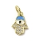 Brass Micro Pave Cubic Zirconia Charms, with Enamel, Cadmium Free & Nickel Free & Lead Free, with Jump Ring, Real 18K Gold Plated, Hamsa Hand/Hand of Miriam with Evil Eye, Deep Sky Blue, 13x9x1.8mm, Hole: 3.8mm