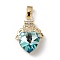 Real 18K Gold Plated Rack Plating Brass Micro Pave Clear Cubic Zirconia Pendants, with Glass, Long-Lasting Plated, Cadmium Free & Lead Free, Heart Charm, Pale Turquoise, 24x16x8mm, Hole: 5mm