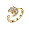 Adjustable Opening Brass  Cubic Zirconia Rotating Ring, Cuff Rings, Flower with Moon, Golden, 11mm