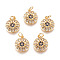 Brass Micro Pave Cubic Zirconia Charms, with Jump Rings, Flat Round with Flower, Clear & Marine Blue, Golden, 13x11x2.5mm, Jump Rings: 3mm Inner Diameter