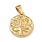 304 Stainless Steel Pendants, Flat Round with Tree of Life, Golden, 21.5x18x2.5mm, Hole: 4x5.5mm