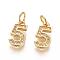 Brass Micro Pave Clear Cubic Zirconia Charms, with Jump Ring, Number, Real 18K Gold Plated, Num.5, 11.5x6.5x2mm, Hole: 3mm