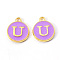 Golden Plated Alloy Enamel Charms, Enamelled Sequins, Flat Round with Letter, Medium Purple, Letter.U, 14x12x2mm, Hole: 1.5mm