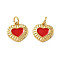 Brass Enamel Charms, Heart Charms, with Jump Ring, Cadmium Free & Lead Free, Real 18K Gold Plated, FireBrick, 12.5x12x1.5mm, Hole: 3mm