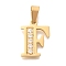 Ion Plating(IP) 304 Stainless Steel Rhinestone Pendants, Letter F, 17~19x10.5~18x2mm, Hole: 6.5x3.5mm