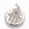 Brass Micro Pave Cubic Zirconia Pendants, Lead Free & Cadmium Free & Nickel Free, Flat Round with Hamsa Hand/Hand of Fatima/Hand of Miriam, Clear, Platinum, 18x16x2mm, Hole: 3mm