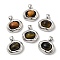Natural Tiger Eye Pendants, Brass Oval Charms, Real Platinum Plated, 21x19x6mm, Hole: 4.5x3mm