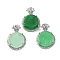 Dyed Natural Myanmar Jade Flower Flat Round Pendants, Brass Clear Cubic Zirconia Gems Charms, Platinum, Green, 31.5x22x8mm, Hole: 9x3.5mm