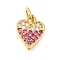 Rack Plating Brass Micro Pave Cubic Zirconia Pendants, Long-Lasting Plated, Lead Free & Cadmium Free, Real 18K Gold Plated, Heart Charms, with Jump Ring, Deep Pink, 11x9x1.5mm, Hole: 3mm