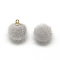Faux Mink Fur Covered Charms, with Golden Tone Brass Findings, Round, WhiteSmoke, 12~14x10mm, Hole: 1.5mm