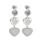 Heart Brass with Cubic Zirconia Dangle Stud Earrings, Long-Lasting Plated, Lead Free & Cadmium Free, Platinum, 32.5x13mm