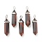 Dyed & Heated Natural Red Tiger Eye Pointed Pendants, with Platinum Tone Brass Findings, Bullet, 39.5x12x11.5mm, Hole: 4.5x2.8mm