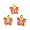 Glass Charms, Butterfly, with Brass Findings, Long-Lasting Plated, Golden, Light Coral, 8.5x7x2mm, Hole: 1mm