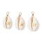 Copper Wire Wrapped Natural Cowrie Shell Pendants, with Brass Slices, Golden, Star, 24~28x12~15.5x7~8.5mm, Hole: 2.6mm