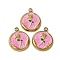 304 Stainless Steel Enamel Pendants, Flat Round with Flower Charm, Ion Plating(IP), Golden, 17.5x15x2.5mm, Hole: 1.8mm
