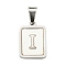 304 Stainless Steel Pave Natural White Shell Pendants, Rectangle with Letter Charms, Stainless Steel Color, Letter I, 17.5x12x1.5mm, Hole: 6x3mm