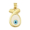 Rack Plating Brass Enamel Pendants, Lead Free & Cadmium Free, Real 18K Gold Plated, Jesus Fish with Evil Eye Charm, Floral White, 22x12.5x2.5mm, Hole: 4.5x3.5mm