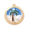 Alloy Enamel Pendants, with ABS Imitation Pearl, Cadmium Free & Nickel Free & Lead Free, Rack Plating, Flat Round with Coconut Tree Charm, Golden, Cornflower Blue, 27.5x24.5x5mm, Hole: 1.8mm