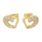 Brass Pave Clear Cubic Zirconia Stud Earrings, Hollow Heart, Left and Right, Real 16K Gold Plated, 12x12mm