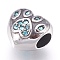 304 Stainless Steel European Beads, Large Hole Beads, with Rhinestone, Heart with Dog Footprints, Antique Silver, Aquamarine, 10.5x11.5x9mm, Hole: 4mm