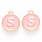 Golden Plated Alloy Enamel Charms, Cadmium Free & Lead Free, Enamelled Sequins, Flat Round with Letter, Pink, Letter.S, 14x12x2mm, Hole: 1.5mm