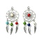 2Pcs 2 Styles Synthetic Turquoise Dyed Big Pendants, Antique Silver Plated Alloy Woven Web/Net with Wing Charms, Mixed Color, 61.5x28x6.5~7mm, Hole: 3.5mm, 1pc/style