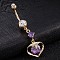 Piercing Jewelry, Brass Cubic Zirconia Navel Ring, Belly Rings, with Surgical Stainless Steel Bar, Cadmium Free & Lead Free, Real 18K Gold Plated, Heart, Purple, 50x15mm, Bar: 15 Gauge(1.5mm), Bar Length: 3/8