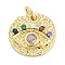 Rack Plating Brass Pendants, with Cubic Zirconia, Round with Evil Eye Charms, Long-Lasting Plated, Lead Free & Cadmium Free, with Jump Ring, Real 18K Gold Plated, 13x13.5x2.5mm, Hole: 3mm