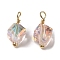 Electroplate Glass Charms, with Real 18K Gold Plated Brass Loop, Faceted Diagonal Cube Charm, Misty Rose, 12.5x8x7.5mm, Hole: 1.6mm