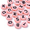 Opaque Acrylic Beads, Horizontal Hole, Flat Round with Black Random Letters, Pink, 10x4.5mm, Hole: 2mm, about 1600pcs/500g