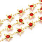 Brass Star Link Chains, with Glass, Soldered, with Spool, Long-Lasting Plated, Star, Golden, Dark Red, 14x11x3mm, about 32.81 Feet(10m)/Roll
