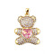 Brass Micro Pave Cubic Zirconia Pendants, Bear, Rack Plating, Long-Lasting Plated, Lead Free and Cadmium Free, Pink, 26.5x21x6.5mm, Hole: 3.5x2mm