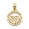 Rack Plating Leaf Brass Clear Cubic Zirconia Pendants, Cadmium Free & Nickel Free & Lead Free, Round with Heart Charms, Real 18K Gold Plated, 15x13x2mm, Hole: 5mm