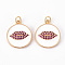 Brass Micro Pave Cubic Zirconia Pendants, with Enamel and Jump Ring, Nickel Free, Flat Round with Lip, Real 18K Gold Plated, White, 20x17.5x4mm, Jump Ring: 5x0.8mm, Inner Diameter: 3mm