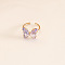 Butterfly Brass Glass Cuff Rings, Golden, Lilac, Inner Diameter: Adjustable