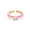 Brass Enamel Cuff Rings, Open Rings, Solitaire Rings, with Clear Cubic Zirconia, Nickel Free, Flat Round, Golden, Pearl Pink, US Size 7(17.3mm)