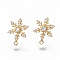 Christmas Theme, Brass Cubic Zirconia Stud Earring Findings, with Loop, Snowflake, Nickel Free, Real 18K Gold Plated, 15x11mm, Hole: 1mm, Pin: 0.9mm