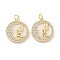 Brass Micro Pave Clear Cubic Zirconia Pendants, Cadmium Free & Nickel Free & Lead Free, with Shell and Jump Rings, Flat Round with Angel Charms, Real 18K Gold Plated, 18x16x2.5~3.5mm, Hole: 3mm